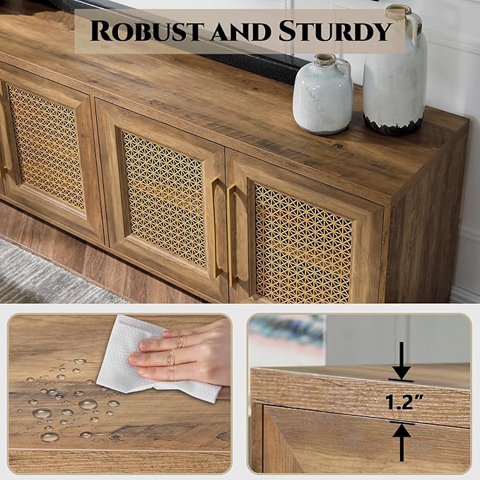 JYED Mid Century Modern TV Stand for TVs up to 75 Inch, with Hollow Metal Mesh Decorated，Boho TV Console with Storage Cabinet,Cable Holes, TV Stand for Living Room, 69.5"x15.6"x24.8", Rustic-Ruum Studio Home