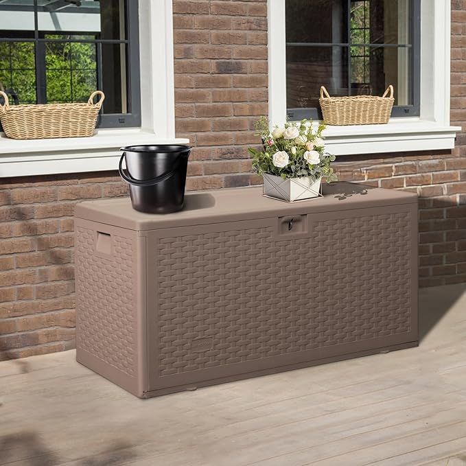 73 Gallon Pro Outdoor Storage Box Waterproof Lockable Resin Deck Box Large, Patio Storage Bin for Pool Accessories Cushion Furniture, Garden Tools, UV-Resistant Outside Delivery Brown-Ruum Studio Home