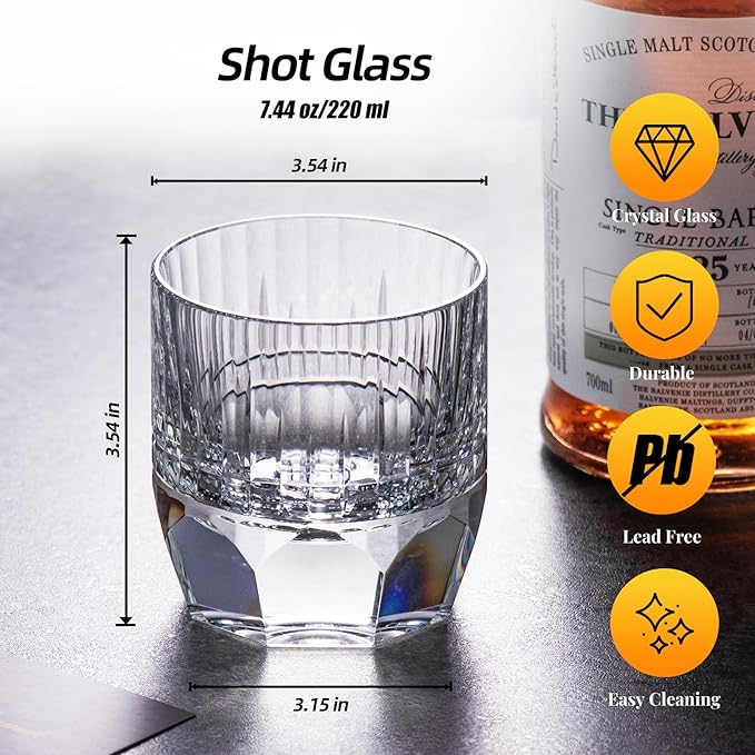 KAMMAK Crystal Whiskey Glasses Set of 2, 7.44oz Old Fashioned Glasses Stemless, Luxury Hand Blown White Cocktail Glasses, Handcrafted Cut Design Octagon Cup for Women, Men Gift for Bourbon-Ruum Studio Home