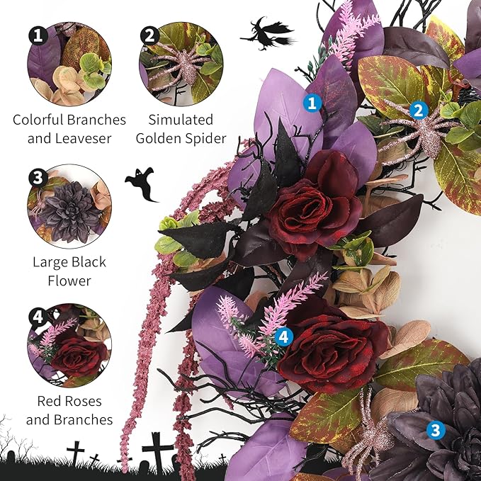 GarveeHome 18 Inch Halloween Wreath, Halloween Garland with Artificial Roses & Spiders, Indoor Outdoor Holiday Accent Decoration for Front Door Porch Wall Home Party Window, Red & Purple-Ruum Studio Home