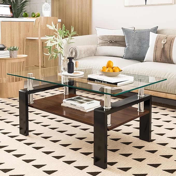 Tempered Glass Coffee Table Rectangle Living Room Center Table, with 39" Clear Top and Brown MDF Layer Black Metal Leg, for Small Space Apartment, Transparent+Brown-Ruum Studio Home