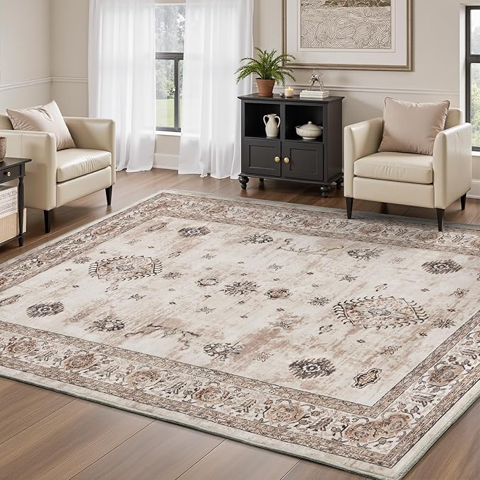 AMOAMI-Vintage Area Rug 4x6 Brown Rugs for Living Room-Soft Living Room Rug Non Slip Rugs for Bedroom Carpet Machine Washable Rug for Dining Room Bedside Office Room Decor-Ruum Studio Home