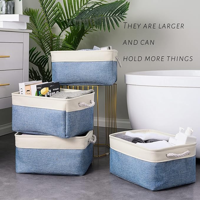 TcaFmac Storage Basket for Organizing - Large 4 Pack Fabric Storage Bins Baskets for Shelves with Ropes, Foldable Storage Cubes for Closet Cloth Toy (White & Blue16x12x8 inch)-Ruum Studio Home