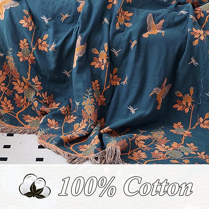 Snycler Boho Throw Blanket for Bed, 100% Organic Cotton Muslin Soft Throw-Floral Bird Farmhouse Rustic Spring Summer Fall Decor Blanket for Couch Sofa Quilt and Gift, 60" x 80" Orange-Ruum Studio Home