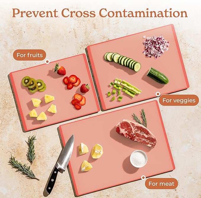 SMIRLY Plastic Cutting Board Set with Holder 3 Pieces, Non-Slip Dishwasher Safe Chopping Boards for Kitchen, Pink-Ruum Studio Home