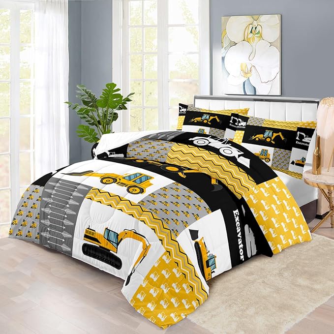 Construction Comforter Set King Boys,Yellow King Construction Bedding Set,Engineering Vehicles Comforter Yellow Bedroom Decor Kids,Truck Quilt Cartoon Truck Bedding for Teen-Ruum Studio Home