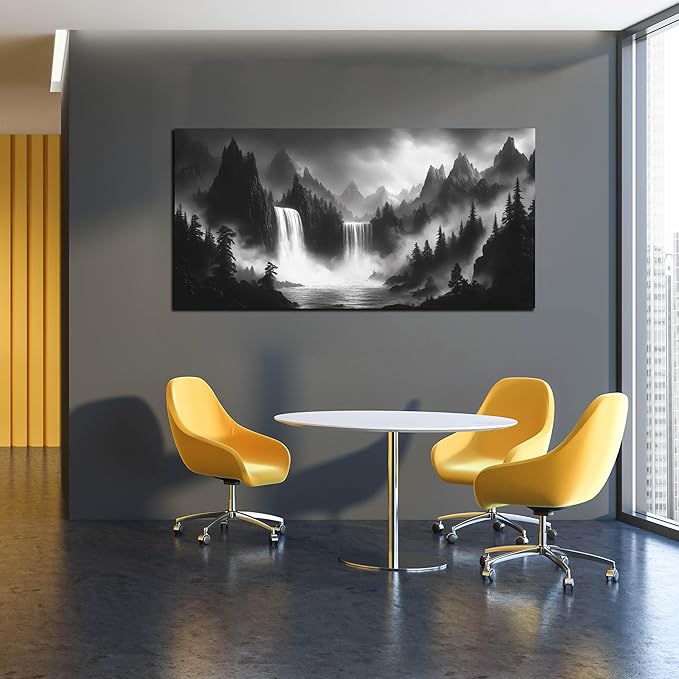 HUBOSKN Waterfall Pictures Wall Decor for Living Room - Mountain Wall Art for Office - Black and White Canvas Wall Art for Bedroom Size 24" x 48"-Ruum Studio Home
