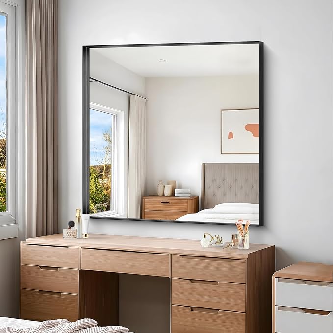 Black Bathroom Mirror, 42x42 Inch Rectangular Framed Mirror, Large Wall Mounted Bathroom Vanity Mirror Over Sink for Bedroom,Restroom, Living Room, Hangs Vertically or Horizontally-Ruum Studio Home