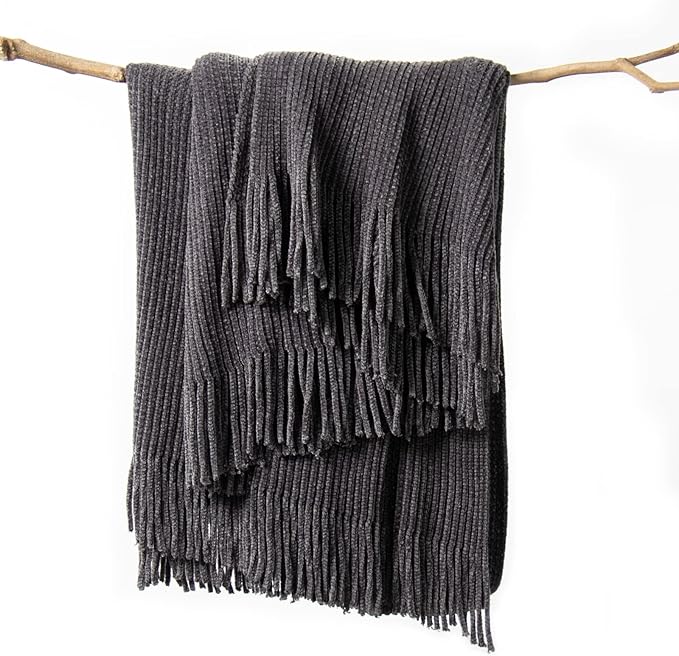 lifein Throw Blanket for Couch, Soft Boho Decor Bed Throw,Cozy Grey Knitted Chenille Small Farmhouse Lightweight Throw for Spring(Dark Grey,50 * 60")-Ruum Studio Home