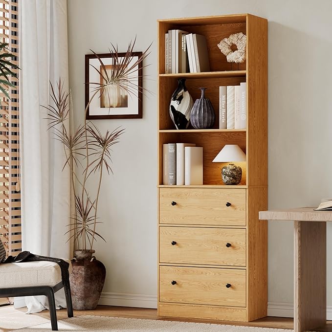 71" Tall Bookshelf with Storage, Bookcase with Drawers, Farmhouse Wooden Corner Book Shelves, Mid Century Modern Book Shelf Wall Standing Home Decor Furniture for Living Room, Bedroom, Office, Kitchen-Ruum Studio Home