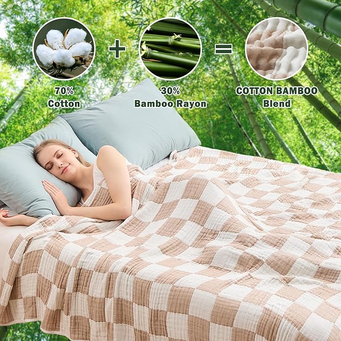 EMME Checkered Cotton Blanket Queen Size for Bed Soft Large Muslin Bed Blankets 80"x90" Lightweight Breathable Cooling All Season Gauze, Light Tan-Ruum Studio Home