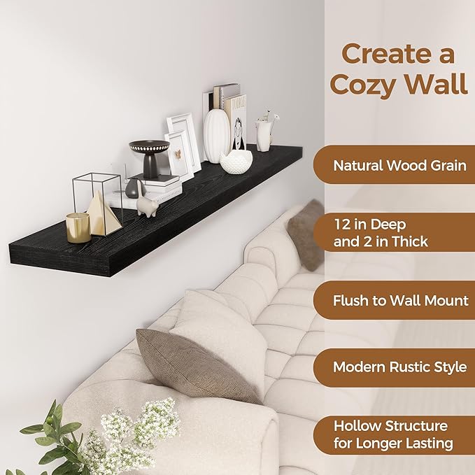 Fun Memories 72 Inch Floating Shelf, 12 Inch Deep Wall Shelf for Fireplace Mantel, Deep Storage Shelves for Home & Office, Wall Shelves with Invisible Bracket, Black, Set of 1-Ruum Studio Home