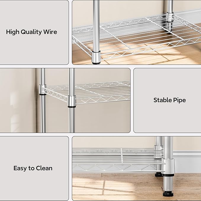 5 Tiers Shelf Metal Storage Shelves Wire Rack Closet Organizers with Wheel for Garage Kitchen Bathroom Laundry Chrome 11.8" D x 17.7" W x 55" H-Ruum Studio Home