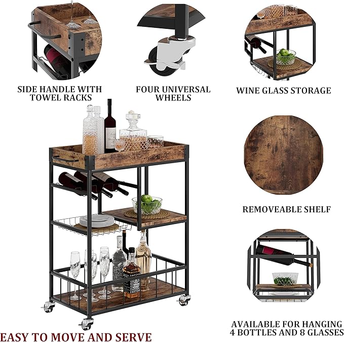 Bar Cart with Basket 3 Tiers Home Rolling Wine Rack with Wheels Mobile Kitchen Industrial Vintage Style Wood Metal Serving Trolley Serving Cart,Glass Holder Bar Cabinet-Ruum Studio Home