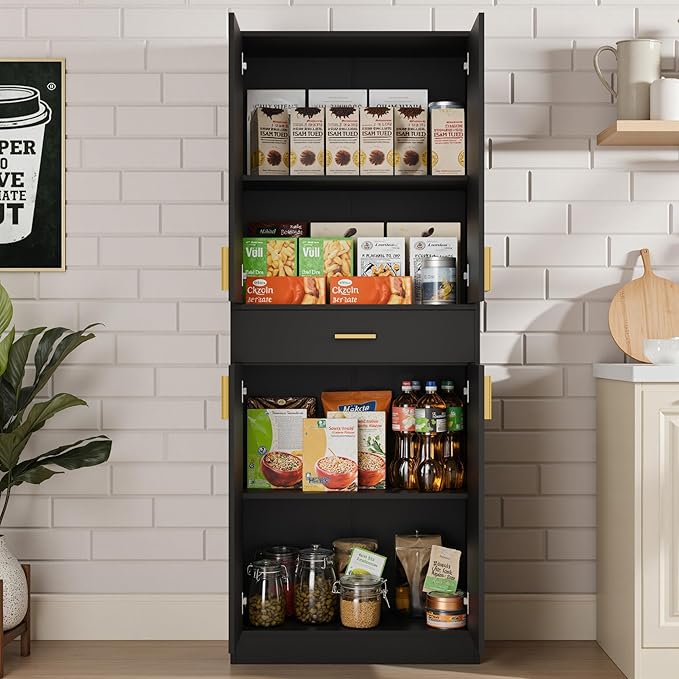 Cozy Castle Pantry Cabinet, 71" Tall Kitchen Storage Cabinet with Doors and Shelves, Freestanding Wood Cupboard Utility Hutch with Drawer for Dining Room Living Room Bathroom Furniture, Black-Ruum Studio Home