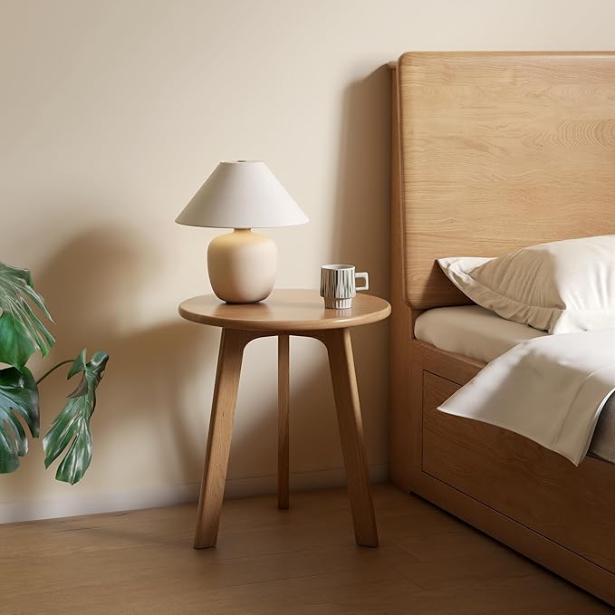 100% Solid Oak Round Side Table Set of 2, Small Bedside Table for Small Spaces, Living Room End Table with Stable Frame, Modern Nightstand for Bedroom Couch(Natural, 17.71" D x 19.68" H)-Ruum Studio Home