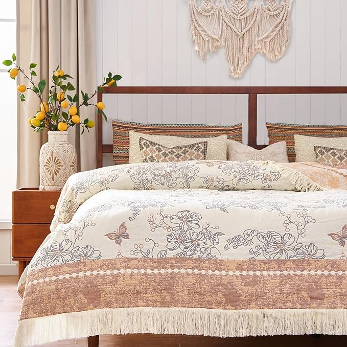 JINCHAN Boho Floral 100% Cotton Blanket 4-Layer Throw Blanket with Tassel Taupe and White Flower Butterfly Soft Luxury Rustic Farmhouse Decor Blanket for Couch Bed 80x90 inch All Season gift for women-Ruum Studio Home