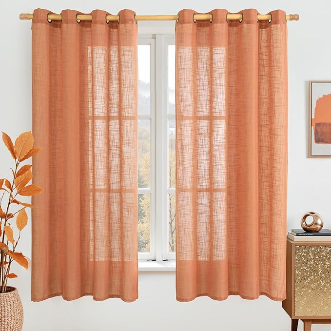 LAMIT Sheer Linen Curtains 63 Inch for Bedroom, Light Filtering Country Decor Semi Sheer Farmhouse Boho Curtains Bronze Grommet Living Room Panels, Burnt Orange, 2 Panels, 52 x 63 Inch-Ruum Studio Home