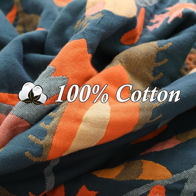 Snycler Boho Throw Blanket for Bed, 100% Organic Cotton Muslin Soft Throw-Orange Boho Floral Farmhouse Rustic Spring Summer Fall Decor Blanket for Couch Sofa Quilt and Gift, 80" x 90"-Ruum Studio Home