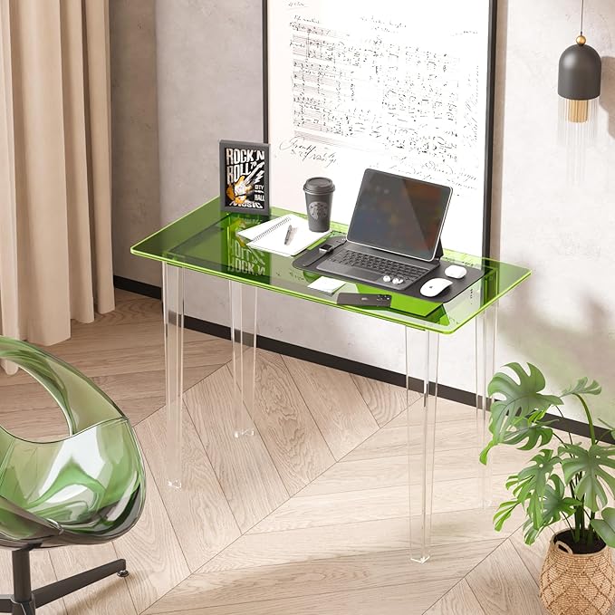 Acrylic Desk, Modern Study Table for HomeOffice-Extended Surface Multi-Purpose Console & EntrywayTable, Sturdy Lightweight Design (42.5-inch, Green)-Ruum Studio Home