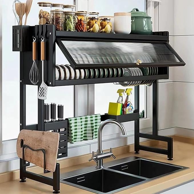Dish Drying Rack, 3-Tier Over Sink Dish Drying Rack, 33.5" Over Sink Dish Rack for Small Kitchen, Space-Saving Dish Rack with Cover, Baskets, Utensil, Large Sink Storage Organizer Black-Ruum Studio Home