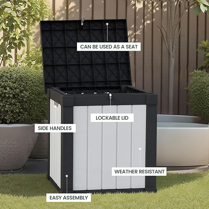 50 Gallon Storage Box, Waterproof Deck Box for Indoor & Outdoor Use, Lockable Pool Storage Bin for Package Delivery, Outdoor Bench for Patio Cushions, Garden Tools, Backyard, Black & White-Ruum Studio Home