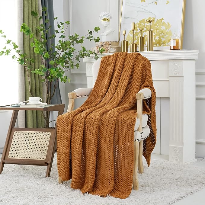 Chunky Cable Knit Throw Blanket Lightweight Burnt Orange 100% Organic Cotton Blanket for Sofa Couch Bed Baby Nursery, Rustic Shabby Chic Modern Farmhouse, 60” x 80” Give Laundering Bag-Ruum Studio Home