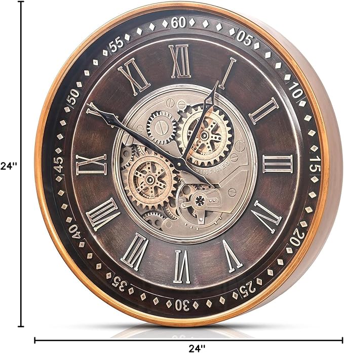 CLXEAST 24 Inch Wall Clock with Moving Gears,Oversized Large Industrial Steampunk Clock, Antique Gold Metal Roman Numeral Wall Clocks for Farmhouse Living Room Decor-Ruum Studio Home