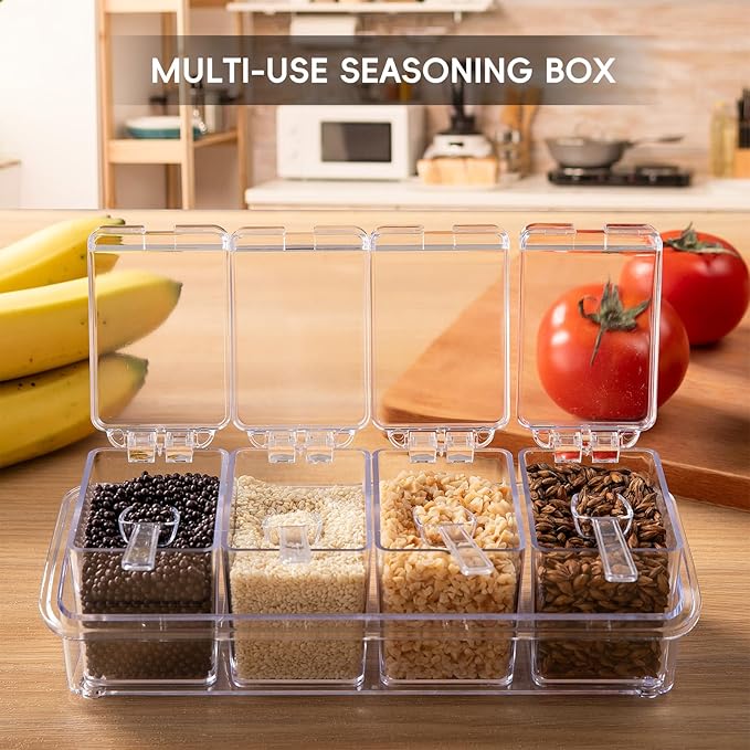 Clear Seasoning Box, 4 Pieces Seasoning Rack Spice Pots, Storage Container Condiment Jars Acrylic Seasoning Box with Covers and Spoons for Spice, Sugar, Salt, Sugar, Cardamon, Cinnamon-Ruum Studio Home