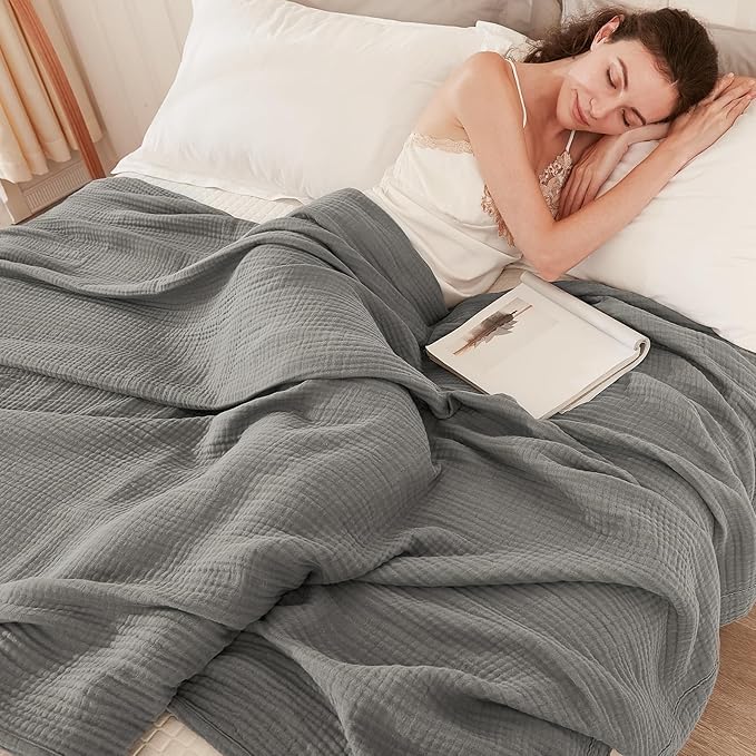 EMME Cotton Throw Blanket for Couch Soft Muslin Blankets 50"x60" Lightweight Breathable Blanket All Season Gauze Blanket, Grey-Ruum Studio Home