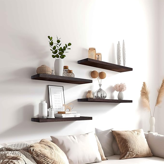 Wood Floating Shelves for Wall Decor, Rustic Wall Shelves for Bedroom Bathroom Kitchen Living Room, Set of 6 Walnut-Ruum Studio Home