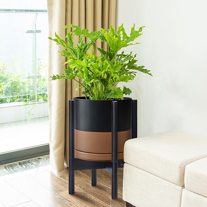 D'vine Dev Ceramic Planter with Ebony Stand - 10 Inch Modern Round Flower Pot with Wood Planter Holder, Black/Speckled Tan, 55-B-L-7-Ruum Studio Home