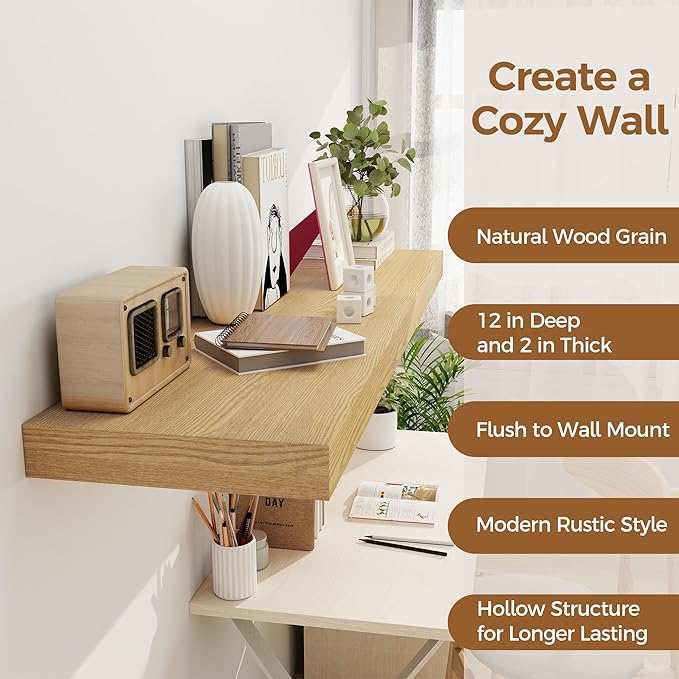 Floating Shelves 48 Inch Long, 12 Inch Deep Floating Shelves for Wall, 48 x 12 Large Wall Shelves for Home Storage & Display, 2" Thicked Floating Shelf for Bedroom, Living Room, Oak Color, 1 Pack-Ruum Studio Home