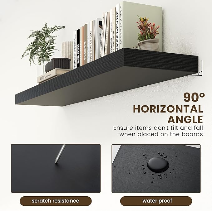 Black Floating Shelves for Wall - 55 Inch Wide x 12 Inch Deep Wall Shelves Set of 1 - Rustic Black Wood Shelves for Living Room, Bathroom, Laundry Room, Bedroom, Kitchen, Home Office-Ruum Studio Home