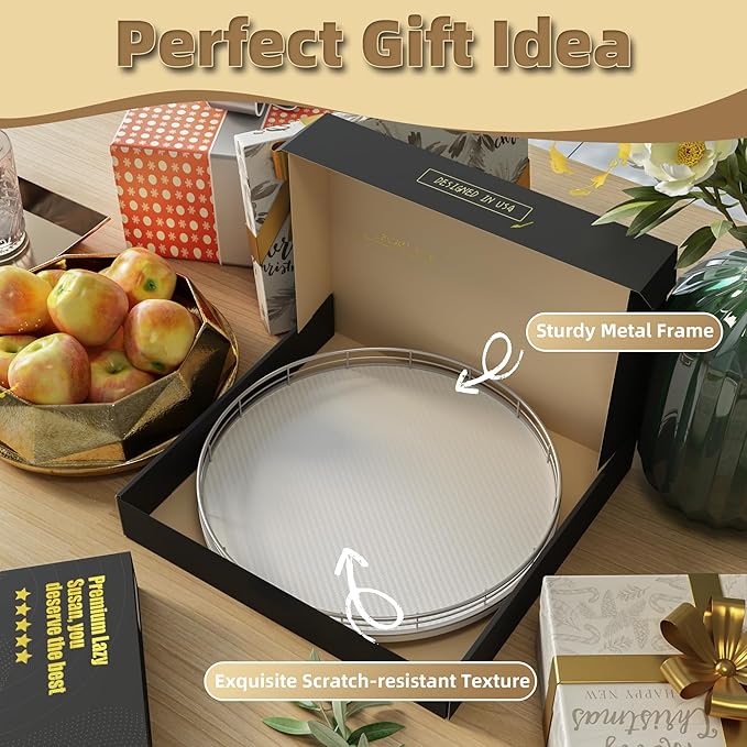 13" Lazy Susan Turntable Organizer for Table Top, Round Wooden Lazy Susan for Cabinet Kitchen Decor Centerpieces Coffee Table, Storage Condiments Spices, Bathroom Vanity Tray for Soap, White-Ruum Studio Home