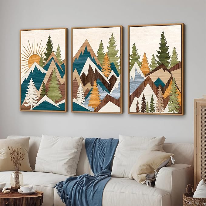 Tinonedraw Large Metal Mountain Framed Canvas Wall Art of 3, Boho Rustic Sunrise Forest Wall Decor, Modern Nature Country Artwork, Vintage Wilderness Art Print for Living Room Bedroom Office 16"x24"-Ruum Studio Home