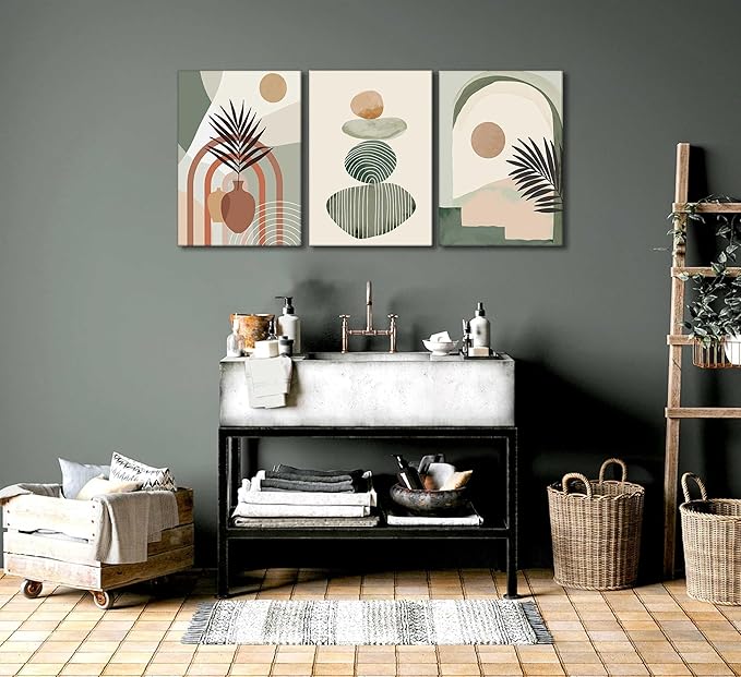 3 Pcs Mid Century Modern Boho Abstract Canvas Wall Art Neutral Green Bohemia Sun and Plant Pictures Wall Decor Posters Print Artwork for Living Room Bedroom Bathroom Office Home Decoration-Ruum Studio Home
