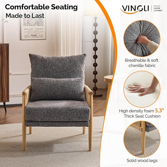 VINGLI Boho Braid Accent Armchair,Mid-Century Modern Chiar with Solid Wooden Armrest,Comfy Louge Cushion Chair with Waist Pillow for Bedroom,Living Room,Reading Room, Gray-Ruum Studio Home