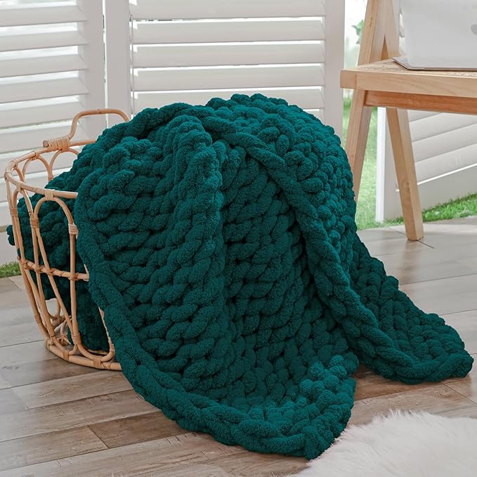 Bigacogo Chunky Knit Throw Blanket for Couch, 40x60 inches, 100% Hand Knitted with Thick Jumbo Chenille Yarn, Cozy Soft Large Rope Knot Cable Crochet Blankets for Sofa Bed Living Room, Dark Green-Ruum Studio Home