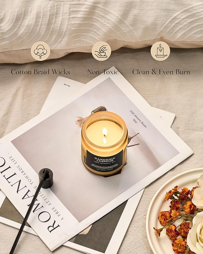 M&SENSE Gardenia Jasmine Scented Candle, 50 Hours Slow Burning Clean Non Toxic 7.05oz 2 Wicks Highly Scented Aromatherapy Candle for Housewarming Gifts, Long Lasting Fragrance for Bath & Office-Ruum Studio Home