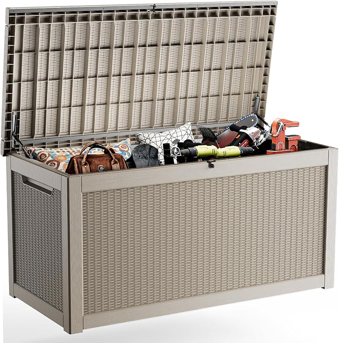 320 Gallon Outdoor Storage Box Waterproof, UV Resistant Resin Deck Box with Hydraulic Rod, Lockable Design and Enhanced Durability for Patio, Garden, and Poolside Use-Ruum Studio Home