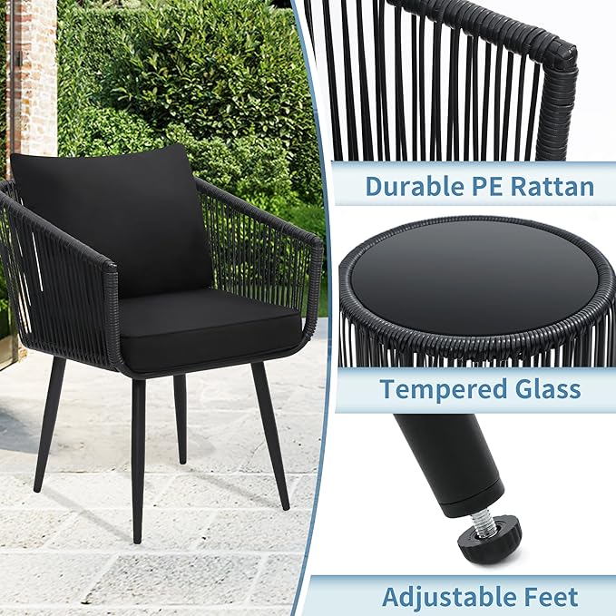 Kromax 3 Pieces Patio Rattan Bistro Conversation Set, Outdoor All-Weather Wicker Furniture Chairs and Side Table Set Ideal for Balcony, Porch and Backyard, Black-Ruum Studio Home