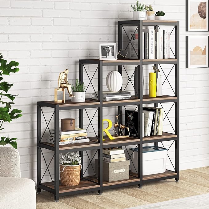 Tribesigns 12 Shelves Bookshelf, Industrial Ladder Corner Bookshelf 9 Cubes Stepped Etagere Bookcase, Rustic 5-Tier Display Shelf Storage Organizer for Home Office (Rustic Brown)-Ruum Studio Home