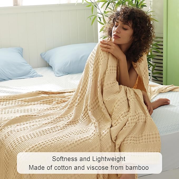PHF Cooling Waffle Blanket Twin Size, Lightweight 60% Rayon Derived from Bamboo & 40% Cotton Breathable Blanket for Hot Sleepers, Soft and Luxury for Bed Couch and Sofa, 66"x90", Beige-Ruum Studio Home