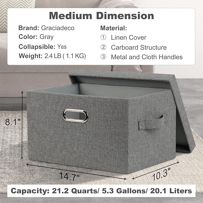 Medium 15" 21 Quart Collapsible Stackable Storage Bins with Lids, 1 Pack Gray Foldable Fabric Closet Storage Boxes with Lids, 4 Handles Heavy-duty Linen Cube Baskets for Bedroom-Ruum Studio Home