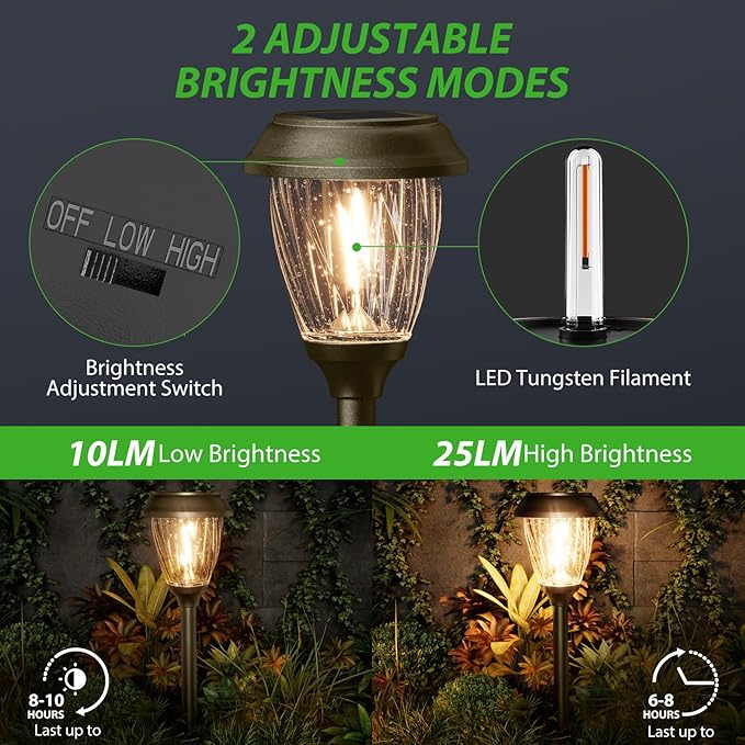 XMCOSY+ Solar Pathway Lights Outdoor, 10/25 LM in 2 Lighting Modes, Glass Stainless Steel Waterproof Outside Solar Powered Garden LED Lights for Yard Lawn Driveway Walkway Landscape Decor(Warm White)-Ruum Studio Home