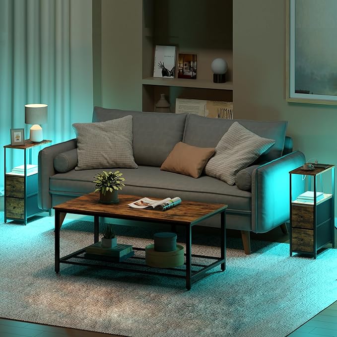 TUTOTAK Small Narrow LED End Table with Charging Station, Side Table Outlets, Nightstand with 2 Cloth Drawers, Couch Table, for Living Room, Bedroom, Bedside, Brown TB01BB085L