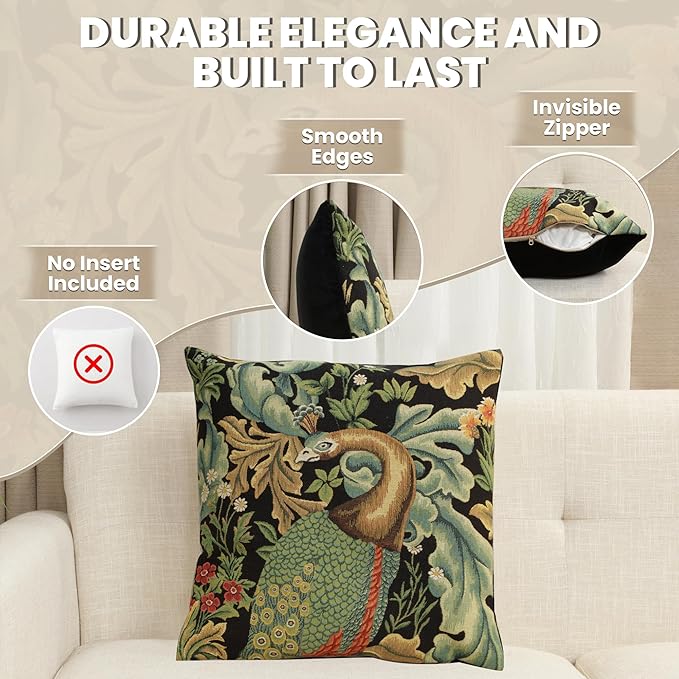 Charlotte Home Furnishings Throw Pillow Covers, Decorative Boho Pillow Covers for Couch, Living Room, Black Peacock Square Cushion Cases 18x18 in, European Cotton Jacquard Woven for Cozy Bedroom Decor-Ruum Studio Home