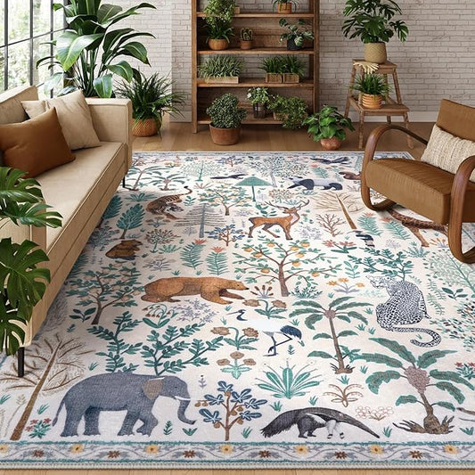OJIA Jungle Living Room Rug 9x12 Washable Rugs for Bedroom, Ultra-Thin Modern Beige Non-Shedding Large Area Rug Playroom Rug Non-Slip Stain Resistant Accent Carpet for Kids Room Dining-Ruum Studio Home