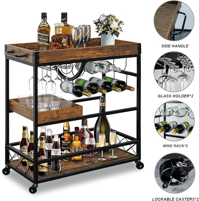 Bar Cart for The Home, 3 Tire Industrial Rolling Serving Cart on Lockable Wheels, Alcoholic Beverage Trolley with 2 Removable Trays, Wine Rack and Glass Holder for Indoor, Outdoor-Ruum Studio Home